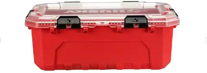 Professional Heavy Duty Waterproof Stackable Plastic Storage Container with Hinged Lid, Red, Rectangular, (12 Gal)