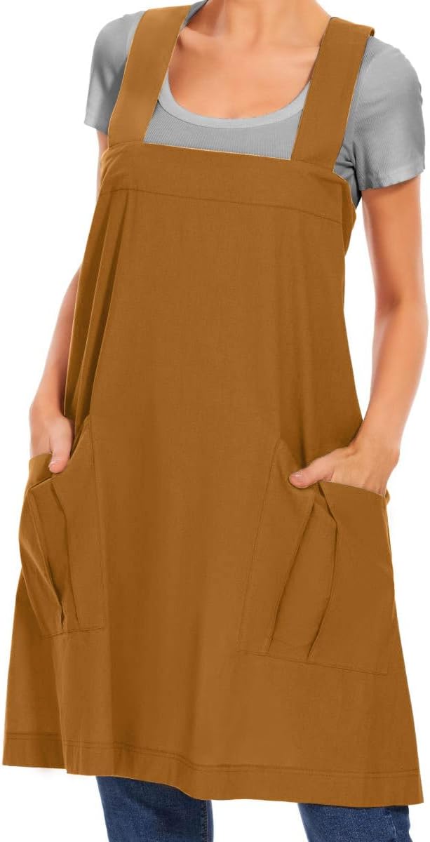 Larmliss Women's Cotton Cross Back Apron Pinafore Dress with Big Pockets Loose Square Apron for Baking Cooking Gardening