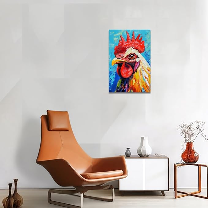 ZQQART Rooster Canvas Wall Art Funny Chicken Portrait Picture Prints Rustic Animal Painting Artwork Farmhouse Kitchen Decor Framed(Red,20.00" x 30.00")
