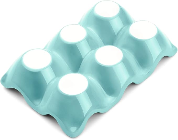 Flexzion Ceramic Egg Holder for Fridge - 6 Cups Egg Tray Half Dozen Porcelain Container Keeper Storage Organizer Decorative Serving Dish Serveware for Refrigerator Countertop Display Kitchen (Blue)