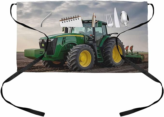Farm Tractor Aprons for Women Men with 3 Pockets, Green Truck Country Rustic Field Harvester Waterproof Server Aprons Half Waitress Apron for Holiday