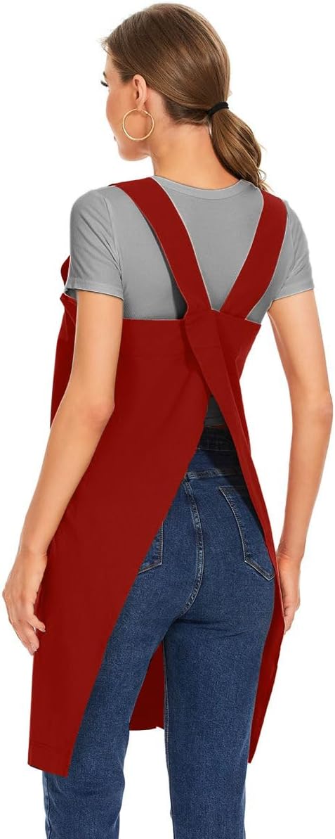 Larmliss Women's Cotton Cross Back Apron Pinafore Dress with Big Pockets Loose Square Apron for Baking Cooking Gardening