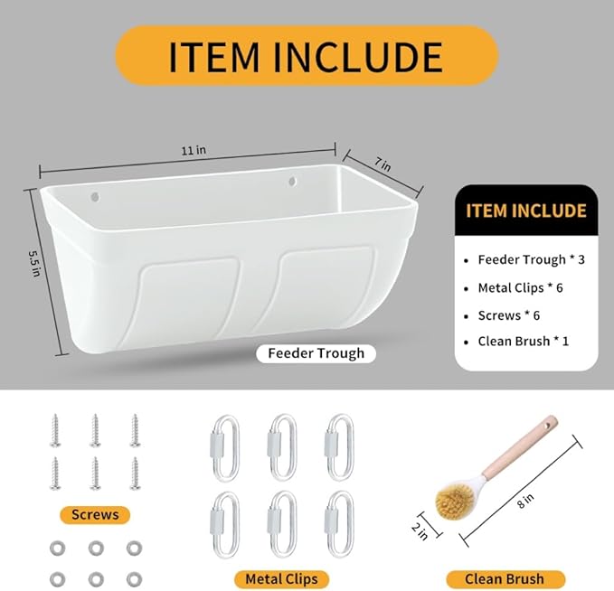 Goat Feeders Hanging 3 Pack 5 Quart, Chicken Waterer Feeder Trough for Poultry Duck Sheeple Coop Dog Livestock Poultry Plastic Trough Bucket, Hanging or Screw-in Fence Feeder with Clips, White