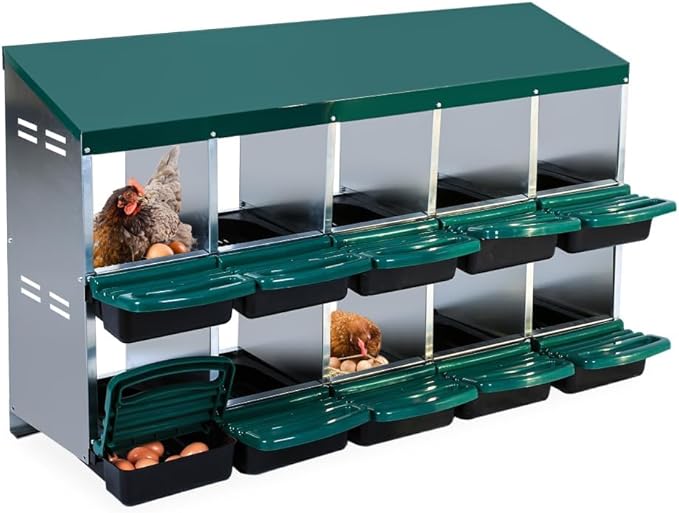 Metal Nesting Box for Chickens (10 Holes) - Heavy Duty Galvanized Steel Hen Laying Box, Outdoor Poultry Nest for Hens, Farm & Ranch Poultry Habitat Supplies