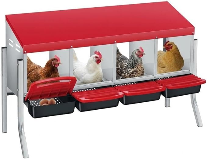 Chicken Nesting Boxes, 4-Hole Wall Mount Roll Away Nest for Easy Cleaning & Egg Collection, Metal Chicken Coop Nest for Hens, for Backyard, Farm, Poultry Coop with Bracket Legs, Red