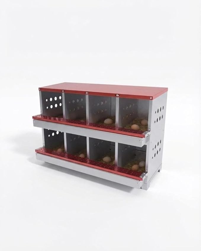 Metal Chicken Nesting Boxes - 8 Hole Wall-Mountable Laying Boxes with Lid & Roll-Away Egg Collection, Weatherproof Galvanized Steel, Includes 8 Fake Eggs for Chicken Coop, Red