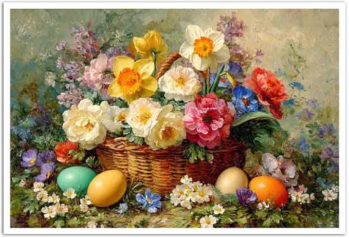 MNFGMH Easter Pictures Wall Decor Flower Baskets and Easter Eggs Spring Botanical Canvas Art Easter Pictures for Wall Farmhouse Style Artwork Canvas Roll 20x30 inch
