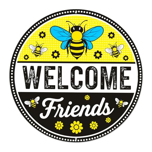 Welcome Friends Round Aluminum Metal Sign Retro Yellow Black Bees Flowers for Home Cafes - 8x8 Inch by Generic