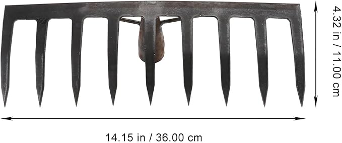TEHAUX Dark Grey 9-Tine Agricultural Rake for Soil Loosening and Grass Gathering, Farm and Garden Hand Tool for Planting and Soil Preparation