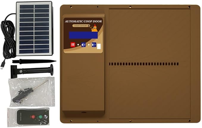 Automatic Solar Powered Chicken Coop Door, Light Sensor and Remote Control, Weatherproof Anti-Pinch Poultry Door(Brown)