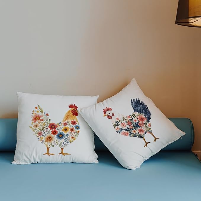 Flower Chicken Pillow Covers 18x18 Set of 2, Gifts for Chicken Lovers Mom Lady Women, Rustic Farmhouse Farm Animal Rooster Floral Throw Pillow Covers for Home Bedroom Living Room