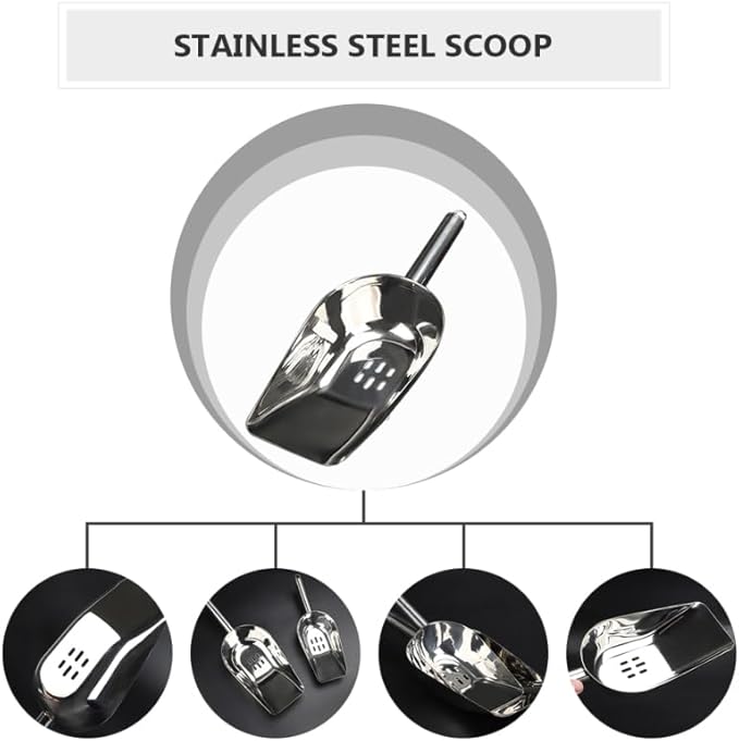 Luxshiny Stainless Steel Ice Scoop with Drain Holes, Metal Bar Scoop with Flat Bottom for Ice Bin and Freezer, Heavy Duty Kitchen Flour Scooper for Grains, Candy and Popcorn