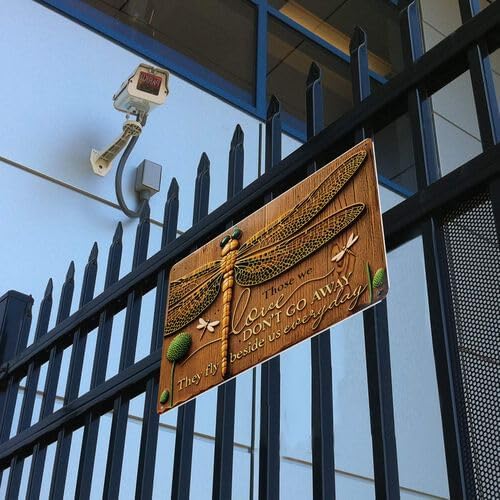 Vintage Dragonfly Metal Wall Art Sign - 8x12 Inch Aluminum Garden Decor with "Those We Love Don't Go Away" Quote, Outdoor/Indoor Hanging Sign for Home, Cafe, Bar