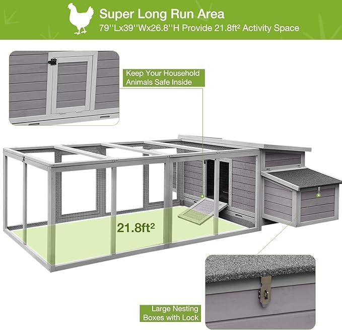 GUTINNEEN 103 in Large Chicken Coop and Run, Outdoor Wooden Chicken House for 4-6 Chickens, Hen House Poultry Cage with Nest Box, Grey