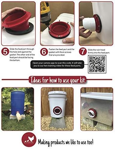 RentACoop DIY Large 6-Port Chicken Feeder Kit - Includes Ports, Rain Hoods, and Hardware - Suitable for Bantam Chickens, Turkeys, Ducks, Peafowl, and Other Poultry - 6 Pack