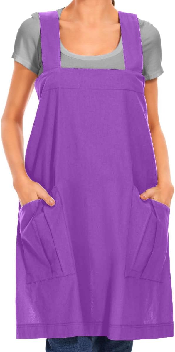 Larmliss Women's Cotton Cross Back Apron Pinafore Dress with Big Pockets Loose Square Apron for Baking Cooking Gardening