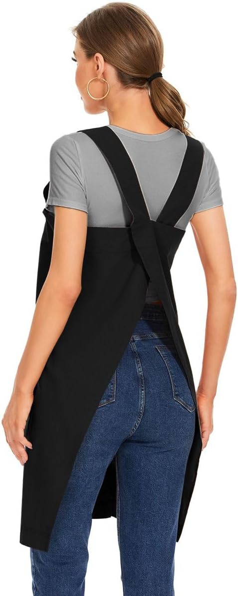 Larmliss Women's Cotton Cross Back Apron Pinafore Dress with Big Pockets Loose Square Apron for Baking Cooking Gardening