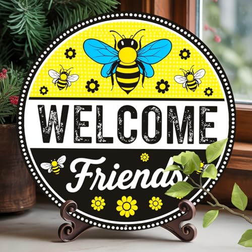Welcome Friends Round Aluminum Metal Sign Retro Yellow Black Bees Flowers for Home Cafes - 8x8 Inch - Image 3