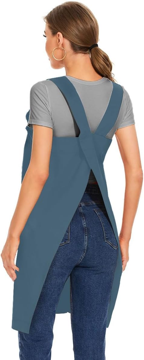 Larmliss Women's Cotton Cross Back Apron Pinafore Dress with Big Pockets Loose Square Apron for Baking Cooking Gardening