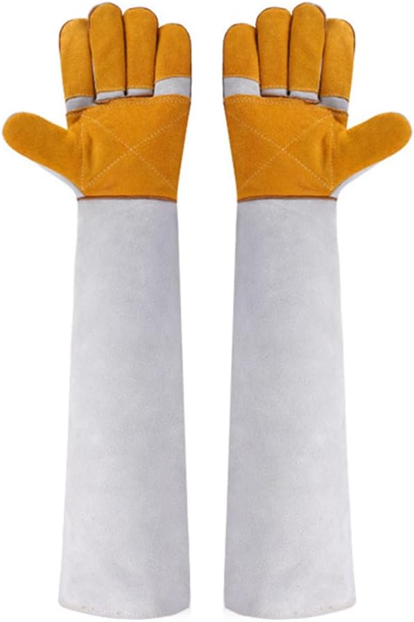 Animal Handling Gloves Bite Proof Scratch Leather Pet Gloves for Cat Dog Bird Snake Handling Veterinarians Groomers Zoo Workers Gray Yellow 23.6 Inches (60cm gray color plus yellow trough to thicken)