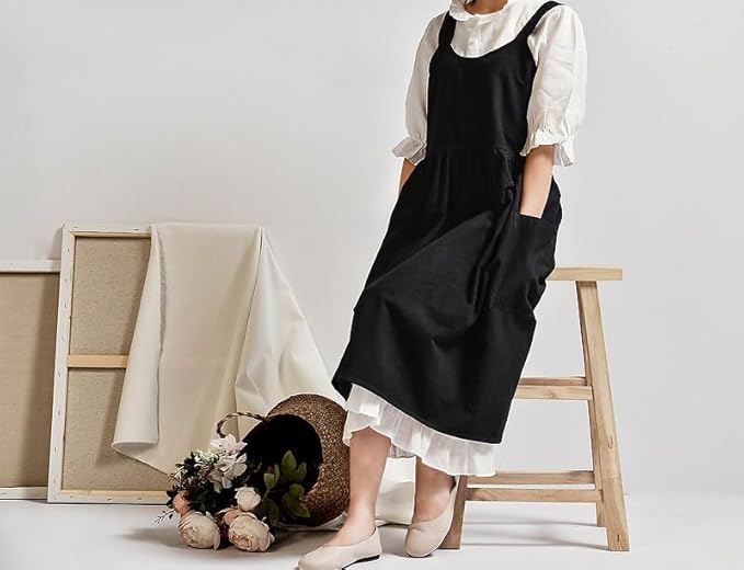 Cotton and linen Kitchen Cooking Aprons Dress for Women with Pockets Cute for Baking Painting Gardening Cleaning