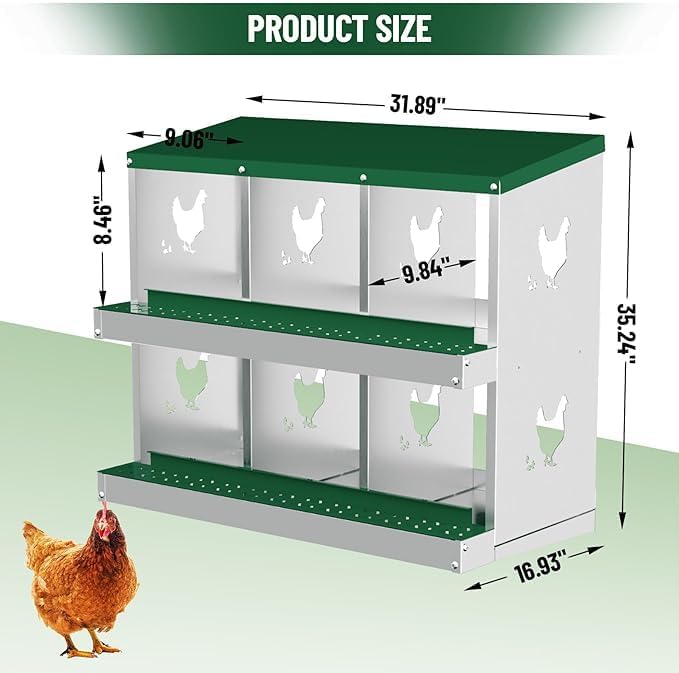 Chicken Nest Box, 6-Compartment Egg-Laying Box, Metal Hen House, Convenient for Collecting Eggs - Ventilated Poultry House Equipment - Suitable for Hens, Ducks, Green, Without Stand
