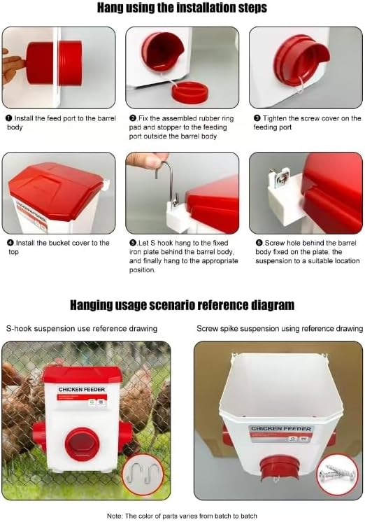 Automatic Chicken Feeder and Waterer Set(4 Buckets/2-3 gallons), 18 Pounds No Waste, Rain Proof Poultry Feeder, Avoid Small Animals, Suitable for Chicken, Duck, Turkey(Red Color)
