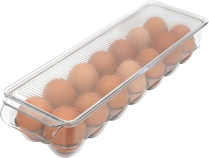Dependable Industries inc. Essentials Clear Acrylic Egg Storage Container with Lid, 14-Egg Capacity, BPA-Free Refrigerator Organizer, Stackable Tray with Handle, Dishwasher Safe