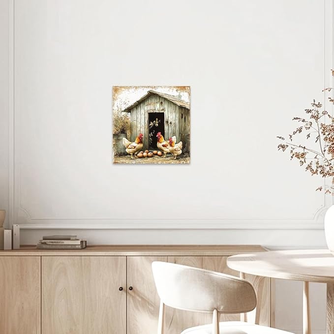 CCWORKERRY Chicken Kitchen Pictures Wall Art Rooster and Eggs Canvas Prints Farm Animals Wall Decor for Farmhouse Dining Room Decor Framed(White,16" x 16")