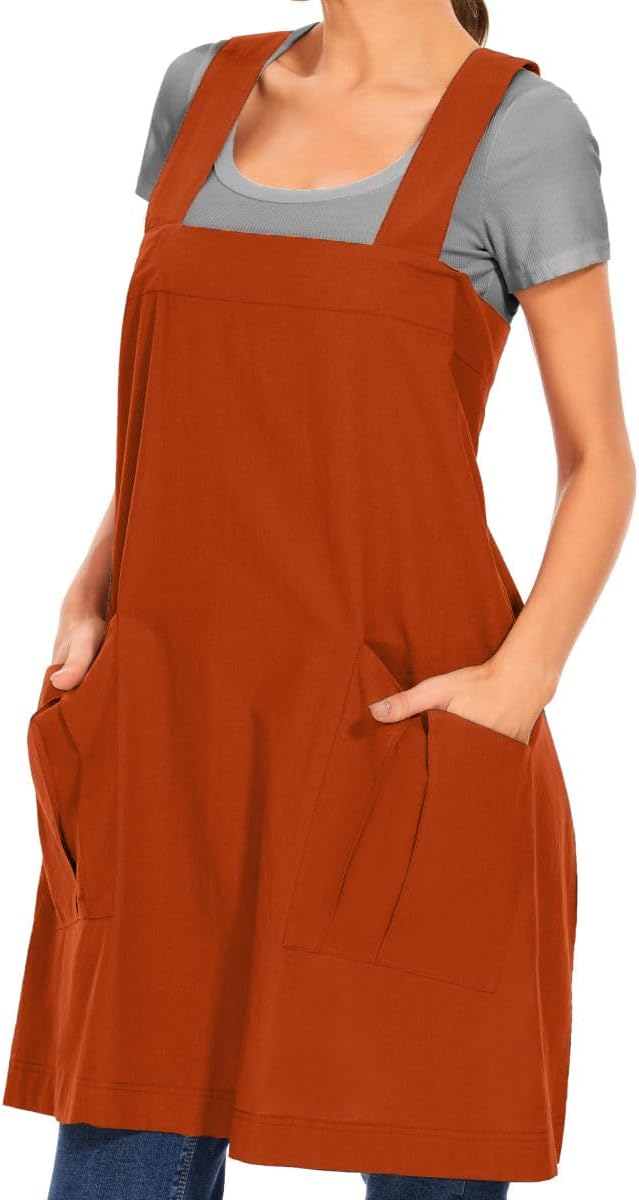 Larmliss Women's Cotton Cross Back Apron Pinafore Dress with Big Pockets Loose Square Apron for Baking Cooking Gardening