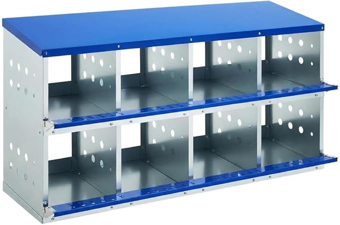 Metal Chicken Nesting Boxes - 8 Hole Wall-Mountable Laying Boxes with Roll-Away Egg Collection, Weatherproof Galvanized Steel, for Chicken Coop, Blue