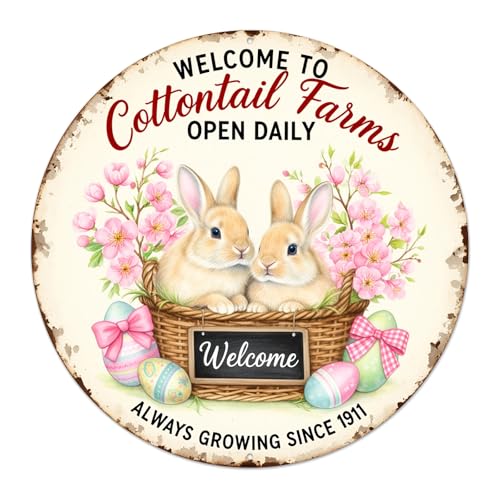Welcome to Cottontail Farms Round Aluminum Metal Sign Retro Easter Eggs Sign for Home - 8x8 Inch by Generic