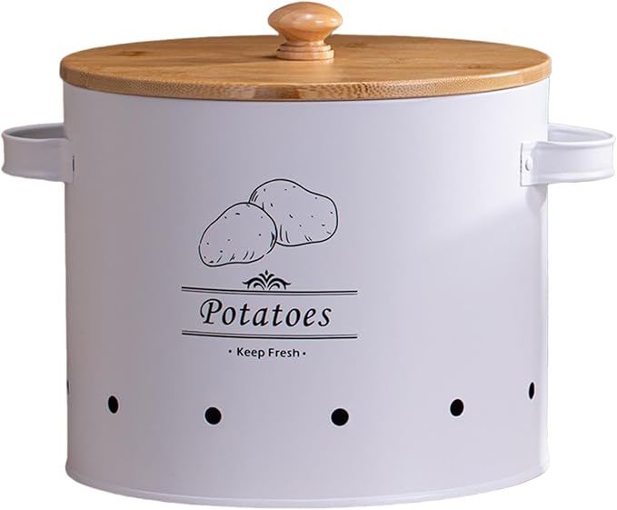 Potato Storage Tin Vegetables Storage Bin, Kitchen Organizer Kitchen Canister, Food Storage Container for Countertop Pantry, White Large