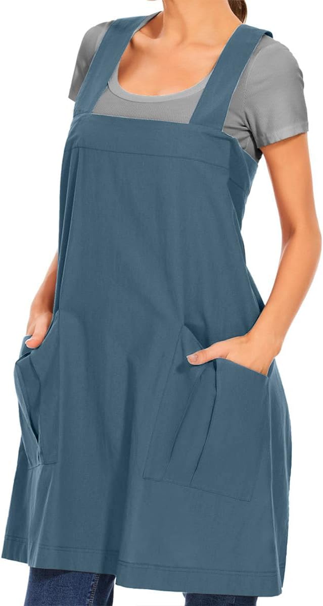 Larmliss Women's Cotton Cross Back Apron Pinafore Dress with Big Pockets Loose Square Apron for Baking Cooking Gardening