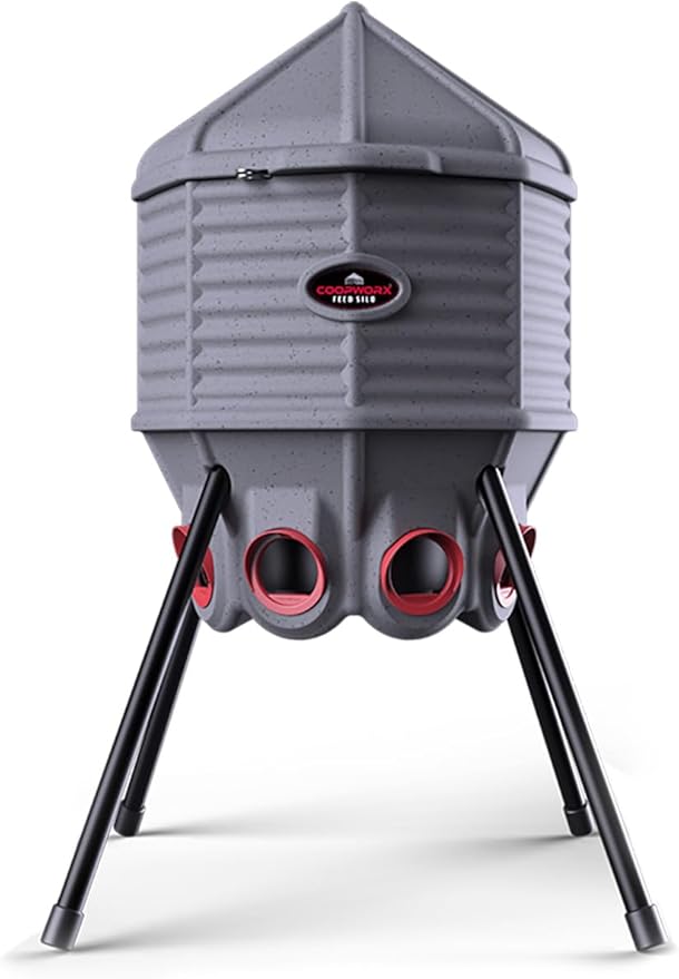 CoopWorx Poultry Feeder - 80 lb Capacity - Adjustable Height - UV Stable - Weather Resistant - 8 Feed Ports - Silo Shaped Design - Rust-Proof - Intended for Chickens/Ducks/Turkeys - Made in USA