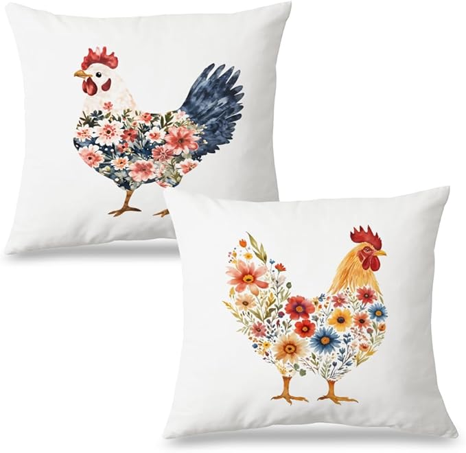 Flower Chicken Pillow Covers 18x18 Set of 2, Gifts for Chicken Lovers Mom Lady Women, Rustic Farmhouse Farm Animal Rooster Floral Throw Pillow Covers for Home Bedroom Living Room