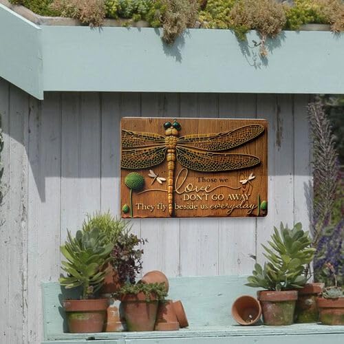 Vintage Dragonfly Metal Wall Art Sign - 8x12 Inch Aluminum Garden Decor with "Those We Love Don't Go Away" Quote, Outdoor/Indoor Hanging Sign for Home, Cafe, Bar