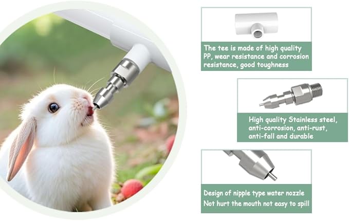 15pcs Stainless Steel Rabbit Water Nipples Automatic PVC Tees Rodent Waterering System (White, 15)