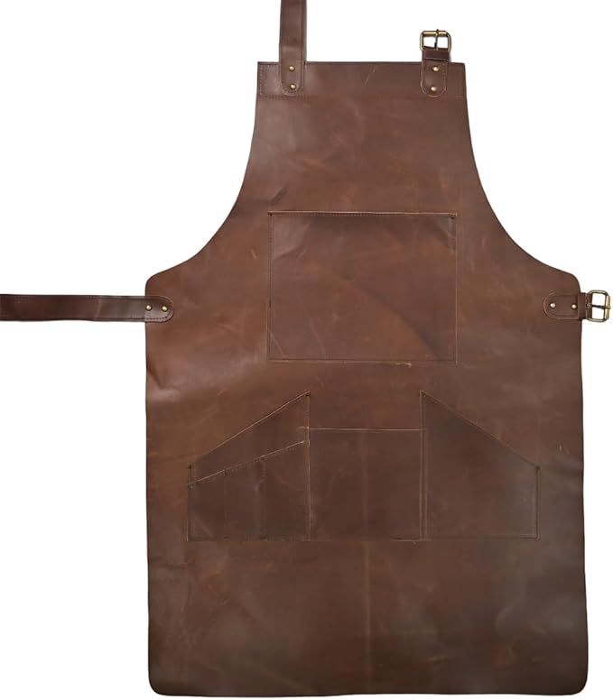 HEAVEN HUSH Genuine Leather Heavy Duty Aprons for Men with Adjustable Straps & Tool Pockets, Workshop, Mechanics, Blacksmith, Cooking, Carpentry, Welder, Shop, Bartender Apron (7 Pocket, Dark Brown)