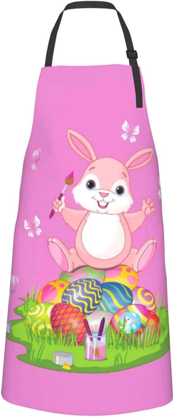 ASYG Cute Easter Rabbit & Eggs Apron Adjustable with 2 Pockets Bunny Easter Gift Kitchen Baking Gardening Work Apron