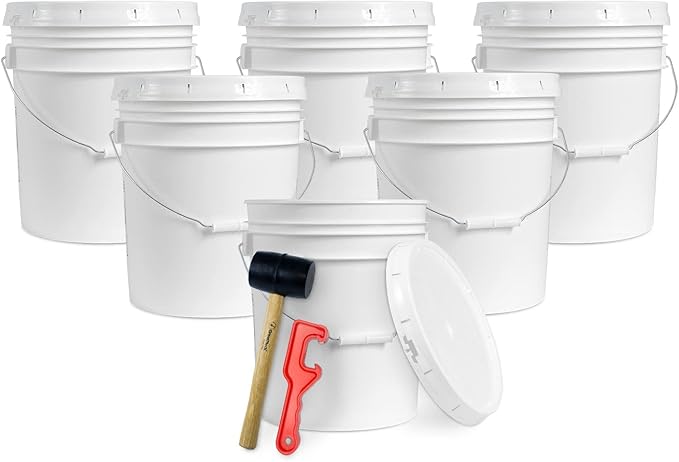 ePackageSupply 5 Gallon Plastic Bucket with Airtight Lid | Made in USA | Food Grade Bucket | BPA-Free | Heavy Duty 90 Mil All Purpose Pail | One 12" Rubber Mallet & One Lid Opener Included | 6 Pack