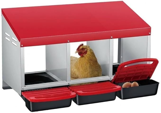 Chicken Nesting Box,Chicken Laying Boxes with 3 Compartment Metal Stainless Steel,Chickens Egg Laying Nest Boxes with Rollout Egg Collection,Chicken Brooder Box with Perch,Red