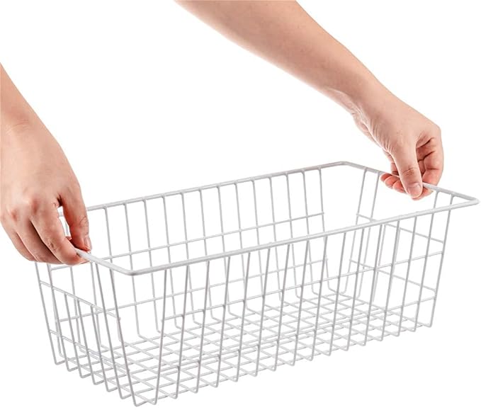SANNO Freezer Baskets Pantry Storage Baskets Bin Wire Metal Storage Basket, Modern Farmhouse Metal Closet Bins Large Storage Organizer for Pantry, Shelf, Kitchen, Cabinet, Bathroom, White