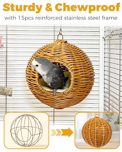 Chewproof Steel Frame Bird Nest for Cage, Washable Small Bed Hammock - S-Long Chain-brown for Small Birds, Chew-resistant Steel Frame - Image 2
