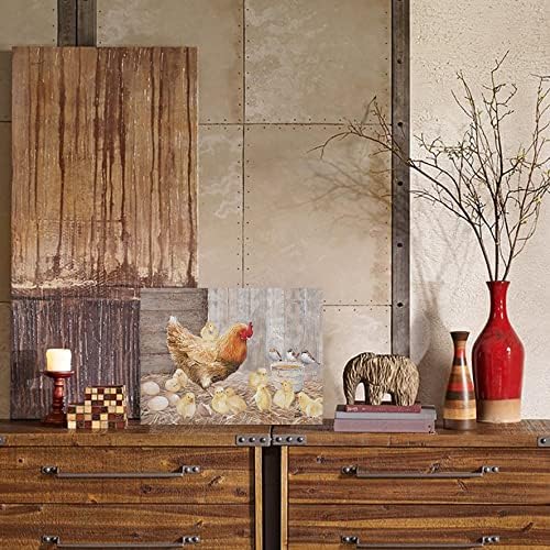 Farmhouse Wall Art Rooster Print: Hen Painting Small Born Chicks Picture Barnyard Birds Vintage Wood Framed Canvas Artwork for Kitchen Decor Easy Hanging (12"x15"x1 Panel)