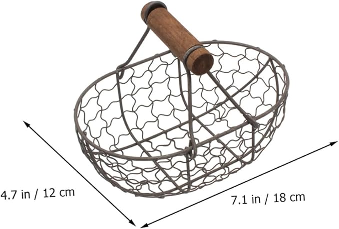 2pcs Vintage Iron Wire Storage Basket with Wooden Handle, Small Multi-function Farmhouse Style Egg and Fruit Basket for Kitchen Countertop Organization