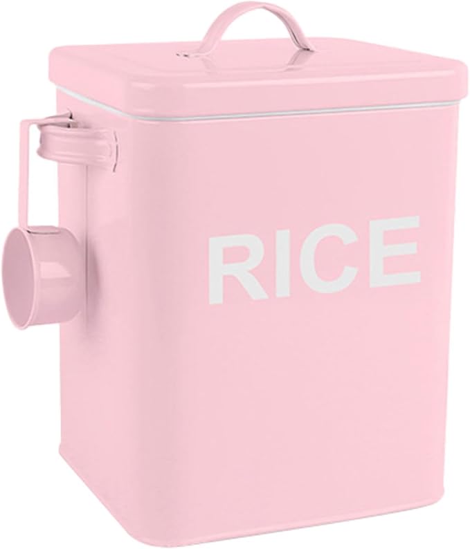 Fenteer Metal Rice Storage Box, Flour Canister and Spoon, Sealed Food Storage Bin, Iron Rice Container for Flour, Cereal, Pet Food, Pink M