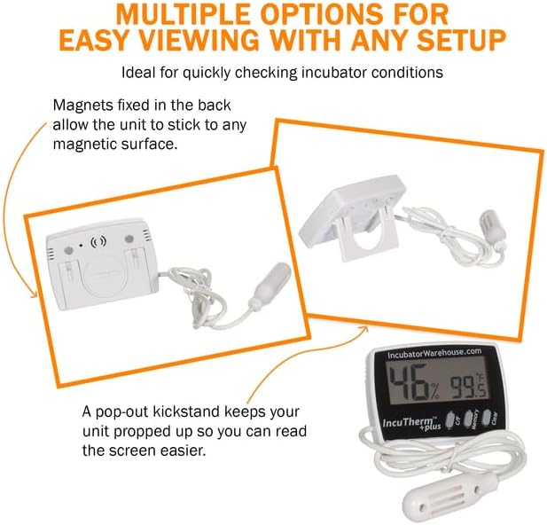 Incubator Warehouse IncuTherm™ Plus Digital Thermometer and Hygrometer for Egg Incubator - Large Digital Display with Min/Max Memory - Remote Probe - Reads Celsius and Fahrenheit +/-1° 1109 IWTH01