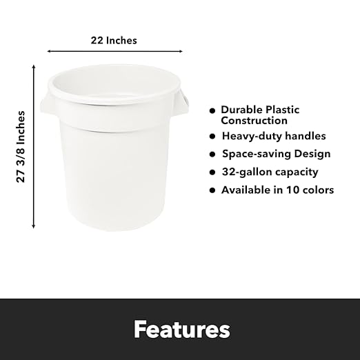 Feed and Seed Storage Container, 32 Gallon White Round Commercial Trash Can and Lid, Food Storage Plastic Bin, Use in Agricultural, Gardening, or Household