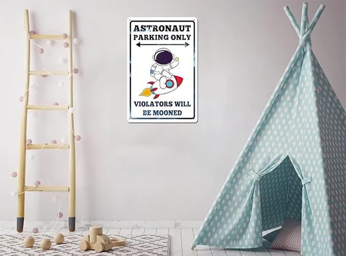 Astronaut Space Parking Only Sign Decor, Outer Space Gifts for Boys Kids Themed Bedroom Room Wall Decorations 12x8 inches Metal Tin sign Stickers Decal Stuff, Home Decor